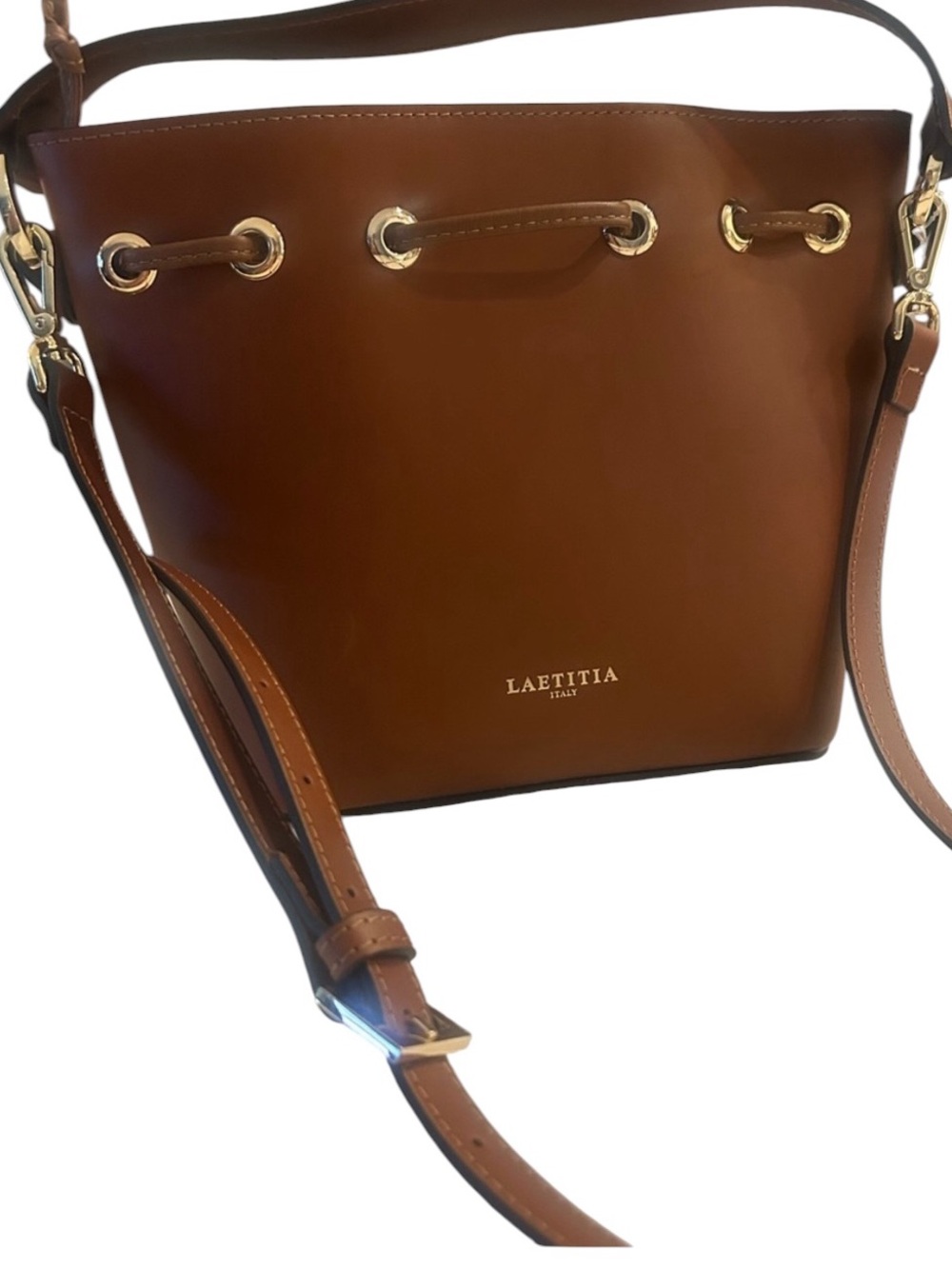 Laetitia Brown Leather Bucket Bag With Gold Hardware Adjustable Strap